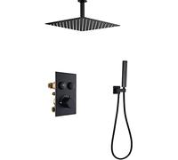 Shower System Thermostatic Black Shower Faucet Set Ceiling Mounted Rainfall Shower Head System with Handheld Shower Set Rain Mixer Shower Combo Set,8 Inches