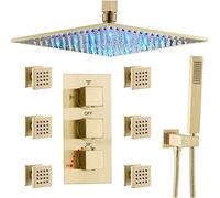 Shower System, Thermostatic Brass Brushed Gold 10-16 Inch LED Ceiling Rainfall Rain Shower Head System with 6 PCS Body Jets Mixer and Handheld Luxury Shower Set,10 Inch