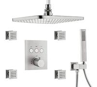 Shower System, Thermostatic Brass Ceiling Mount Rectangular 12 x 8 Inch Air Pressure Rainfall Shower System with 4 pcs Body Jets Mixer Bathroom Shower Set,Brushed Nickel