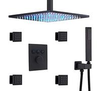 Shower System, Thermostatic Brass Matte Black 10-12 Inch LED Ceiling Rain Shower Head Combo System with Body Jets and Handheld Bathroom Luxury Shower Set,10 Inch