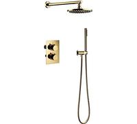 Shower System Thermostatic Set, Brass Gold Shower Faucet System Mixer Set Concealed Faucet Mixing Valve Shower System Set with Shower Head and Shower Hose, 10inch