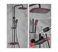Shower System Thermostatic Shower Faucet Set Brass Shower Combo Set Wall Mounted Rain Mixer Shower with Rainfall Shower Head, 2 Spray Handheld Shower, Waterfall Tub Faucet,Black Red