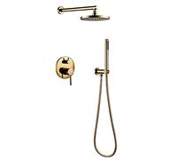 Shower System Titanium Gold Round Rainfall Shower Head System with Handheld Combo Set, Wall Mounted Shower Faucet Set Complete with Brass Valve,8 Inch