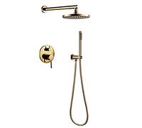 Shower System Titanium Gold Round Rainfall Shower Head System with Handheld Combo Set, Wall Mounted Shower Faucet Set Complete with Brass Valve,10 Inch