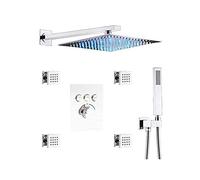 Shower System, Wall Mount Thermostatic Brass Chrome 10-12 Inch LED Rain Shower Head Combo System with 4 Pcs Body Jets and Handheld Bathroom Luxury Shower Set,12 Inch