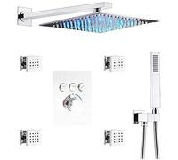 Shower System, Wall Mount Thermostatic Brass Chrome 10-12 Inch LED Rain Shower Head Combo System with 4 Pcs Body Jets and Handheld Bathroom Luxury Shower Set,10 Inch