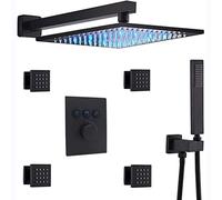 Shower System, Wall Mount Thermostatic Brass Matte Black 10-12 Inch LED Rain Shower Head Combo System with Body Jets and Handheld Bathroom Luxury Shower Set,12 Inch