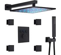 Shower System, Wall Mount Thermostatic Brass Matte Black 10-12 Inch LED Rain Shower Head Combo System with Body Jets and Handheld Bathroom Luxury Shower Set,12 Inch