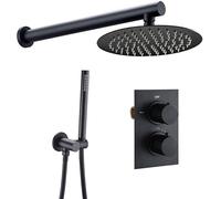 Shower System, Wall Mounted Black Thermostatic Control Mixing Valve Shower Taps Set with 8-12 Inch Round Rainfall Shower Head and Handheld Shower, Luxury Shower Set,10 Inch