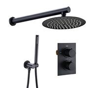 Shower System, Wall Mounted Black Thermostatic Control Mixing Valve Shower Taps Set with 8-12 Inch Round Rainfall Shower Head and Handheld Shower, Luxury Shower Set,8 Inch