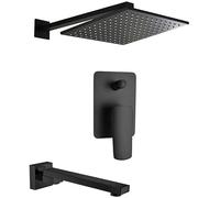 Shower System, Wall Mounted Brass Black Bathroom Rain Mixer Shower Set with 8-12" Square Brass Rainfall Shower Head Diverter Mixer and Tub Taps, Luxury Shower Set,8 Inch