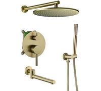 Shower System, Wall Mounted Brass Brushed Gold Bathroom Rain Mixer Shower Taps Set with 8-12" Brass Round Rainfall Shower Head and Handheld Shower and Tub Taps, Luxury Shower Set,1