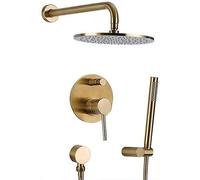 Shower System, Wall Mounted Brushed Gold Solid Brass Bathroom Rain Mixer Combo Set with 8-12" Round Top Spray Rainfall Showerhead and Handheld Shower, Luxury Shower Set,10 Inch
