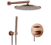 Shower System, Wall Mounted Brushed Rose Gold Brass Diverter Mixer Bathroom Shower Taps Set with 8-12 Inch Round Rainfall Shower Head and Handheld Shower, Luxury Shower Set,10 Inch