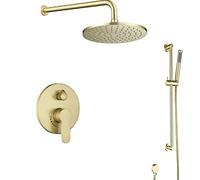 Shower System, Wall Mounted Concealed Bathroom Brass Round 8-12 Inch Brushed Gold Rainfall Shower Faucet System with Slide Bar Set, Luxury Shower Set,10 Inch
