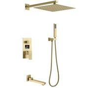 Shower System, Wall Mounted Digital Display LED Brushed Gold Bathroom Rain Mixer Shower Set with 10-12 Inch Square Rainfall Shower Head and Tub Taps, Luxury Shower Set,10 Inch