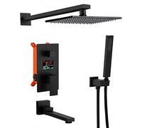 Shower System, Wall Mounted LED Digital Display Black Bathroom Rain Mixer Shower Taps Set with 10-12 Inch Square Rainfall Shower Head and Tub Taps, Luxury Shower Set,12 Inch