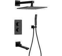 Shower System, Wall Mounted Matte Black Brass Thermostatic Rain Shower with 8-12\