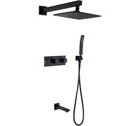 Shower System with Tub Spout and Handheld Shower Faucet Set with 8" Rainfall Shower Head Shower Set Brass Wall Mount Shower Set, Rain Mixer Shower Combo Set, Black