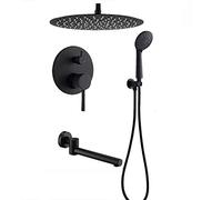 Shower System with Tub Spout, Black Shower Faucet Set 12 Inch Brass Shower Combo Set Ceiling Mounted Rain Mixer Shower with 3 Mode Handheld Shower, Stainless Steel Shower Head, Embedded Box