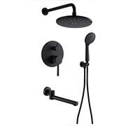 Shower System with Tub Spout, Black Shower Faucet Set 8 Inch Brass Shower Combo Set Wall Mounted Rain Mixer Shower with 3 Mode Handheld Shower, ABS Shower Head, Embedded Box