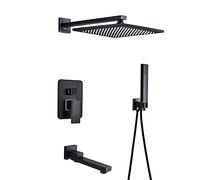 Shower System with Tub Spout Square Rainfall Shower Head System with Handheld Combo Set, Wall Mounted Shower Faucet Set Complete,12 Inches