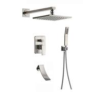 Shower System with Waterfall Tub Faucet, Shower Faucet Set Wall Mounted Shower Combo Set Brass Rain Mixer Shower with 8 Inch Rainfall Shower Head, Handheld Shower,Brushed
