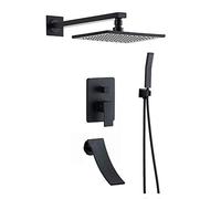 Shower System with Waterfall Tub Faucet, Shower Faucet Set Wall Mounted Shower Combo Set Brass Rain Mixer Shower with 8 Inch Rainfall Shower Head, Handheld Shower,Black