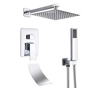 Shower System with Waterfall Tub Spout and Handheld Shower Head, Wall Mounted Square Chrome Rain Shower Faucet Sets Complete for Home Bathroom Hotel Outdoor,16inch