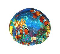 Shower The Underwater World - Gorro con estampado de peces tropicales para mujer, reutilizable, impermeable, doble capa, con correa elástica, talla única