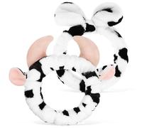 SHOWERORO 2 Diademas de Tela Estampado de Vaca para Spa y Lavado Facial, Ajuste Seguro sin Dañar el Cabello, Diseño Cuernos y Lazo para Mujer y Niña