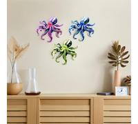SHOWERORO 3 Piezas de Decoración Metálica para Paredes con Forma de Octópodo Hierro Resistente Revestimiento Colorido Morado Azul y Verde Adecuado para Decoración Costera Jardín Patio