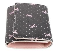 SHOWERORO Cartera Pequeña para Mujer Negra con Lunares y Lazo Rosa, Monedero Triple con 5 Ranuras para Tarjetas, 1 Espacio para Fotos y 1 Compartimento para Billetes, Billetera Portátil