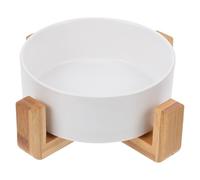 SHOWERORO Cuenco para Gatos Pequeño de Cerámica Blanco Soporte de Madera Elevador, Tazón para Comida y Agua, Cuenco Elevado para Mascotas Que Protege Cuello y Facilita Alimentación Diaria