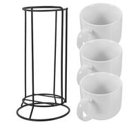 SHOWERORO Juego de 4 Tazas de Cerámica Blanca con Asas Taza de Café y Leche Incluye Soporte de Metal para Almacenamiento Adecuado para Hogar Oficina y Uso Diario Organizador para Encimera