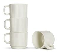 SHOWFULL Juego de 4 tazas de café apilables de 7 onzas, tazas de cerámica para café con leche, capuchino, cacao con asa, color blanco