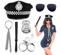 SHOWHEEL Disfraces de Policia,Juego de 6 Accesorios para Disfraces de Policia, Esposas de Policia Insignia de Policia Gafas de Sol Baston Detective Policia (Policia)