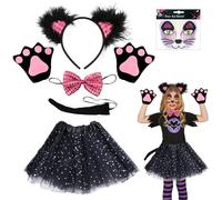 SHOWHEEL Disfraz de Gato Niña 7 Piezas, Juego de Cosplay de Gato con Orejas de Gato, Diadema de Gato, Disfraz de Animal para Niños, Conjunto de Cosplay de Gato, Disfraz Niña Carnaval Halloween
