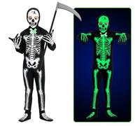 SHOWHEEL Disfraz de Segador para Halloween, Disfraz de Esqueleto para Niños, disfraz de Zombie que Brilla en la Oscuridad, Set Cosplay con una Aterradora Guadaña de Segador y Guantes de Esqueleto (S)