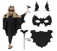 SHOWHEEL Juego de Disfraz de Murciélago Niños 4PCS, Capa de Murciélago Niños +Máscar Pinzas Para el Pelo+Varita, Halloween Disfraz de Murciélago para Niña, Costume da Pipistrello per Bambini