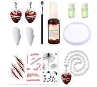 SHOWHEEL Kit Maquillaje de Halloween Blanco, con Sangre Falsa, Colgante de Corazón, Halloween Tatuajes Temporales, Dientes de Vampiro, Set de Maquillaje para HalLoween, Fiestas, Carnavales
