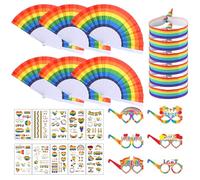 SHOWHEEL LGBTQ Accesorios, 6 Gay Orgullo Ajustable Pulseras + 6 Abanicos de Mano de Arco Iris + 6 Piezas Marco de Gafas de Arcoiris + 12 Pegatinas Lesbianas, Pride Gay Joyería Accesorios LGBT