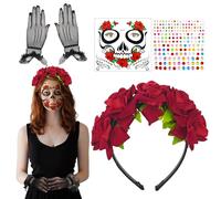 SHOWHEEL Tocado de Halloween para carnaval con estatuto, guantes de encaje + Dia de los Muertos Rojo Flores Coronas Día de los Muertos Accesorios para el pelo Carnaval Halloween Mujer Disfraz