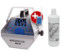 Showlite BM-60 Máquina de Burbujas 60W con mando a distancia por radio y 1L Eurolite Fluido UV amarillo (tanque de 0,6l, 2-3 horas de duración con tanque lleno, efecto fiesta, burbujas de discoteca)