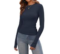 shownicer Camiseta para mujer, cuello redondo, elástica, básica, manga larga, ajustada, corte ajustado Y2K, A azul marino., M