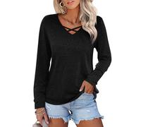 shownicer Camiseta para mujer, elegante, cuello en V, cruzado, básica, manga larga, informal, camiseta larga, A negro., XL
