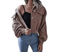 shownicer Chaqueta Corta de Pana para Mujer Casual Talla Grande Manga Larga Botones Chaqueta de Otoño Invierno Outwear Jacket Caqui XL