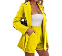 shownicer Conjunto de Traje de Dos Piezas para Mujer Oficina de Negocios 2 Piezas Elegante Vintage Manga Larga Color Sólido Traje A Amarillo XS