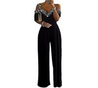 shownicer Monos de Vestir Mujer Elegante Verano Largo Talla Grande Sin Mangas Mono de Color Sólido Pantalones Anchos de Rectos Playsuit Fiesta de Noche B Negro XL