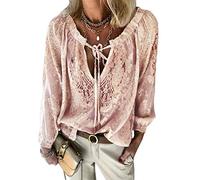 shownicer Mujer Camisas Túnica de Manga Larga Boho Blusa Camiseta de Encaje Suelta Casual Patchwork T-Shirt Tops Rosa XL